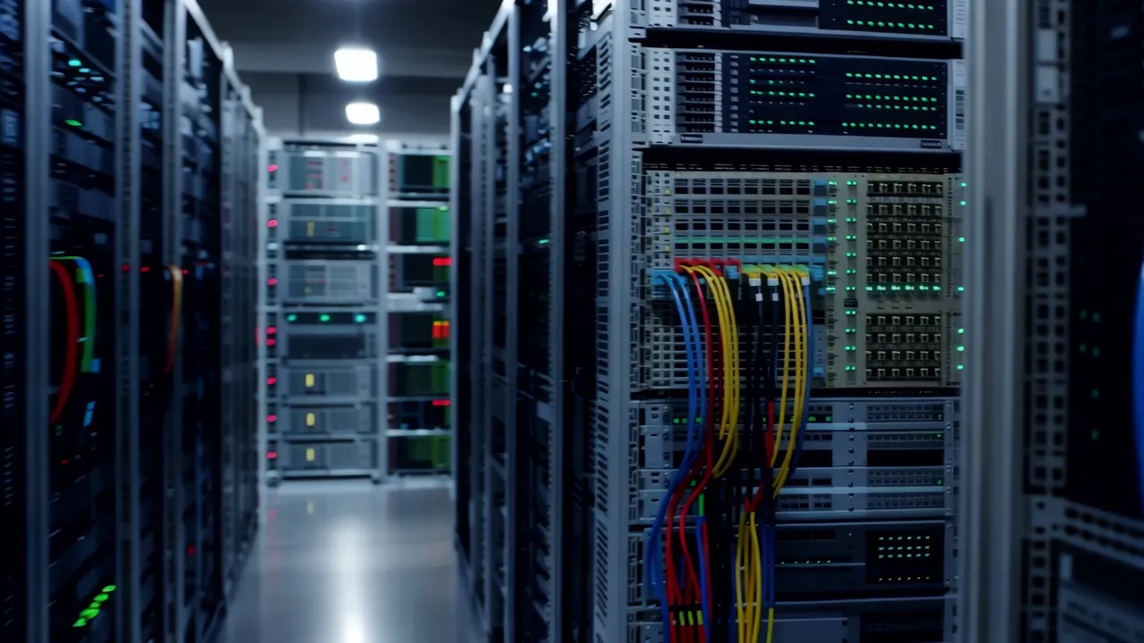 Narrow Aisle in Dimly Lit Data Center with Server Racks