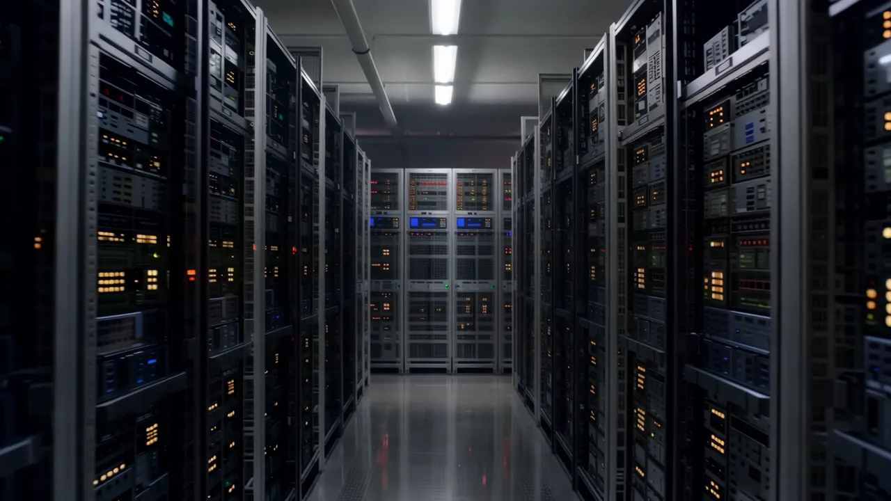 Narrow Aisle in Dimly Lit Data Center with Server Racks