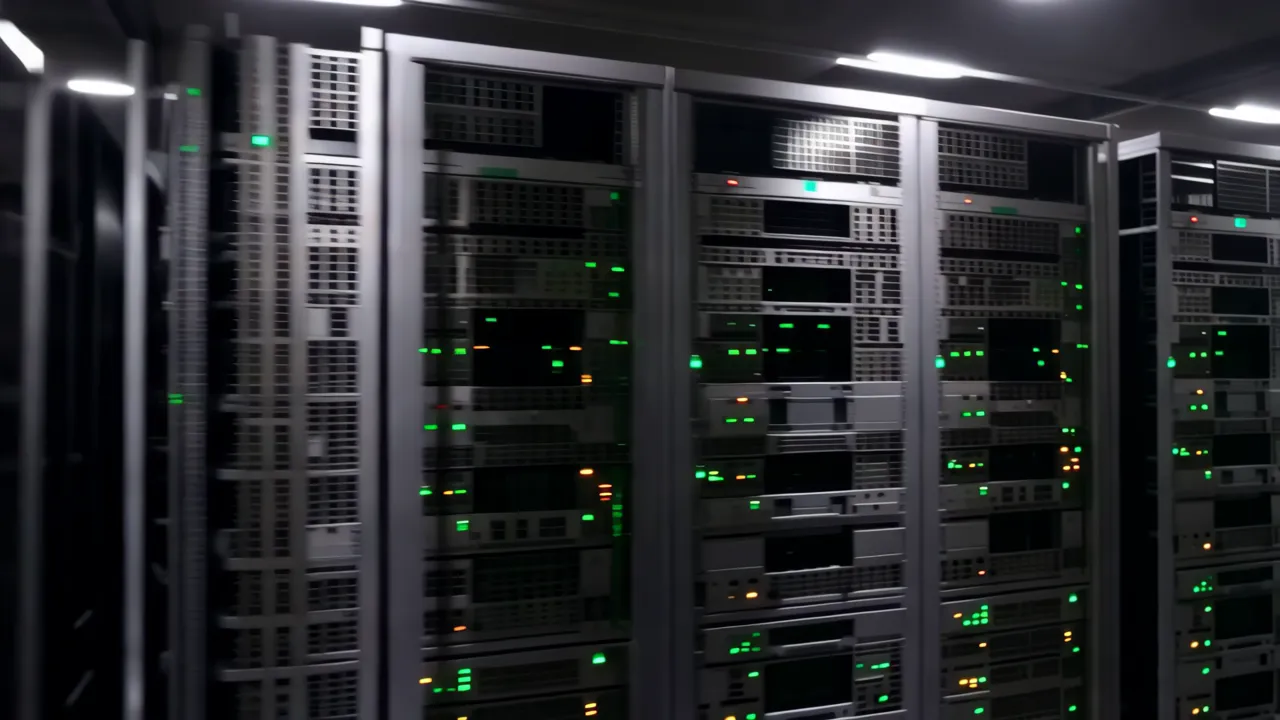 Narrow Aisle in Dimly Lit Data Center with Server Racks