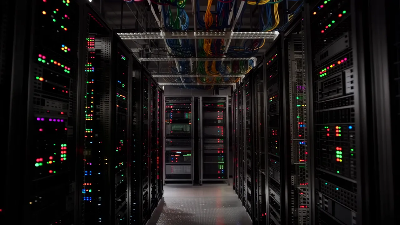 Narrow Aisle in Dimly Lit Data Center with Server Racks