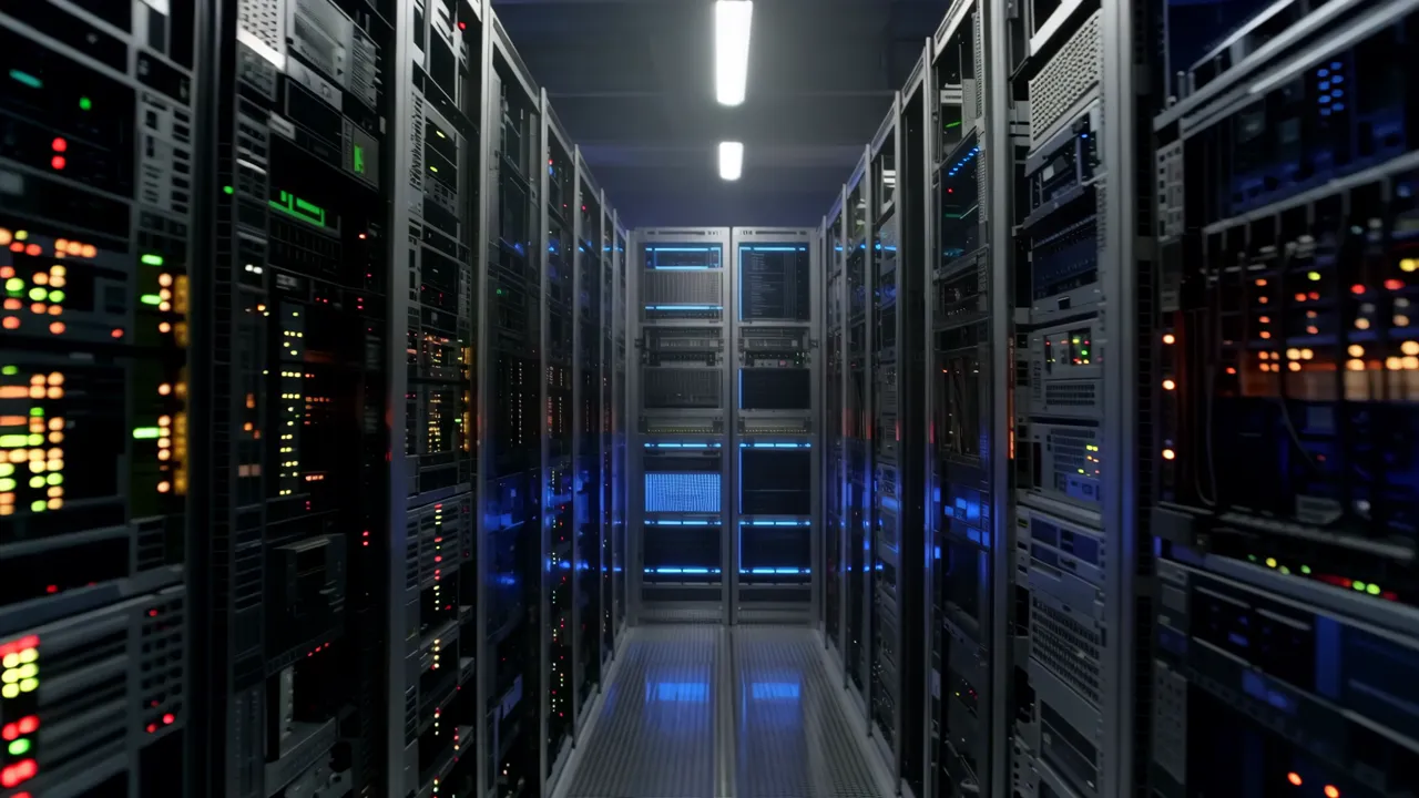 Narrow Aisle in Dimly Lit Data Center with Server Racks