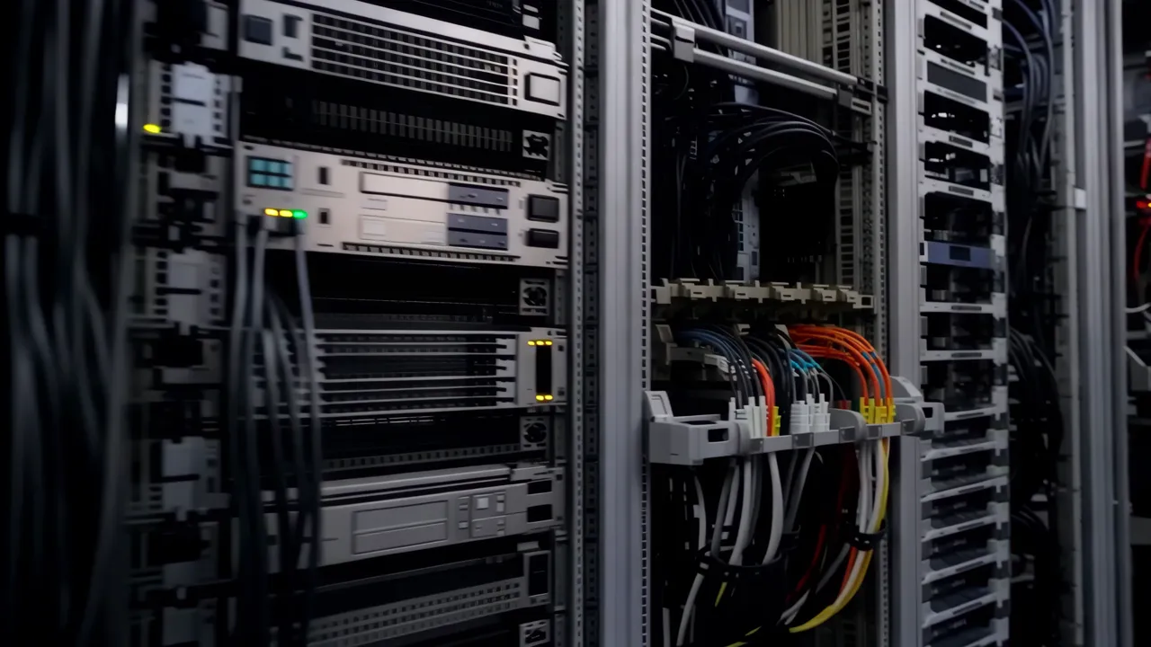 Narrow Aisle in Dimly Lit Data Center with Server Racks