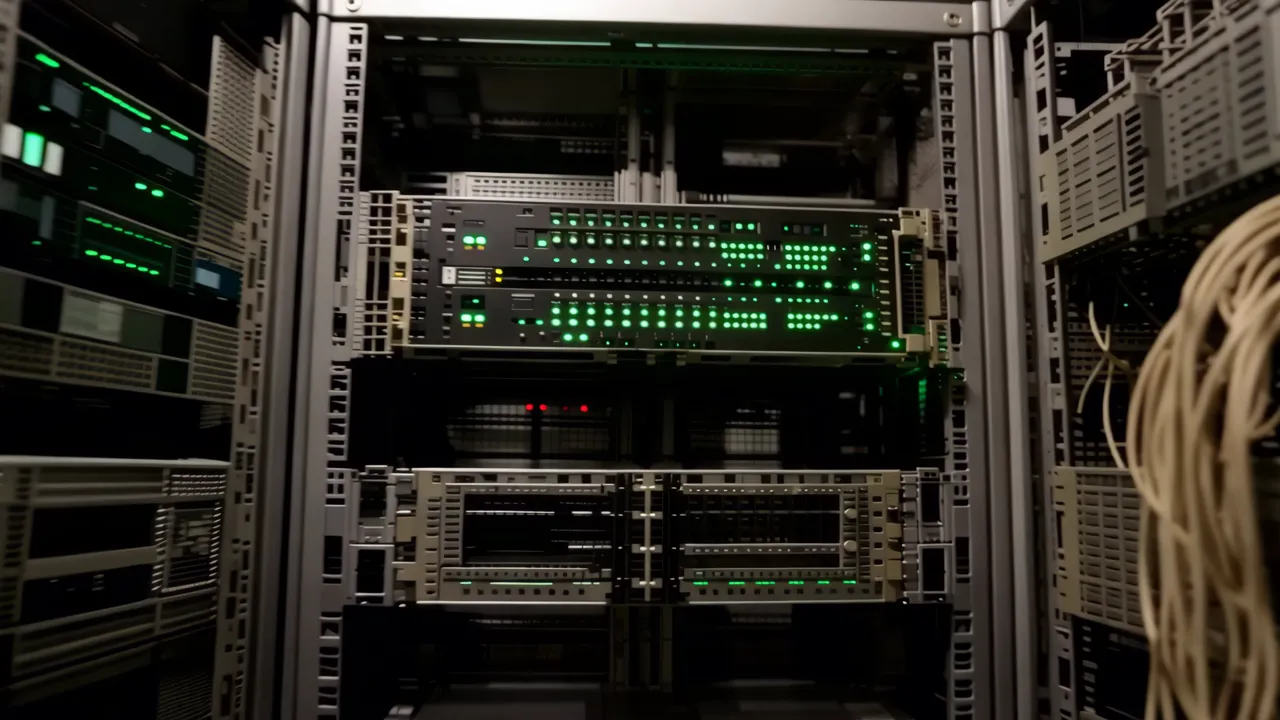 Narrow Aisle in Dimly Lit Data Center with Server Racks