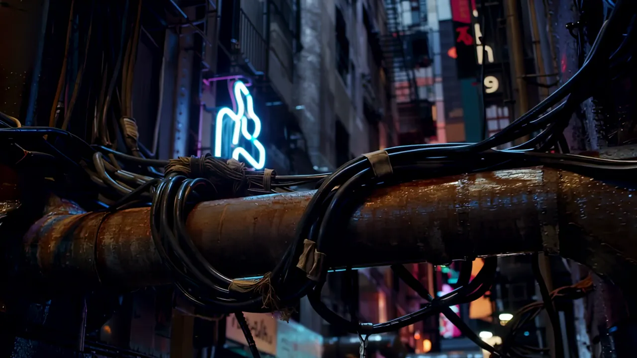 Narrow Canyon of Buildings with Neon Lights and Fire Escapes