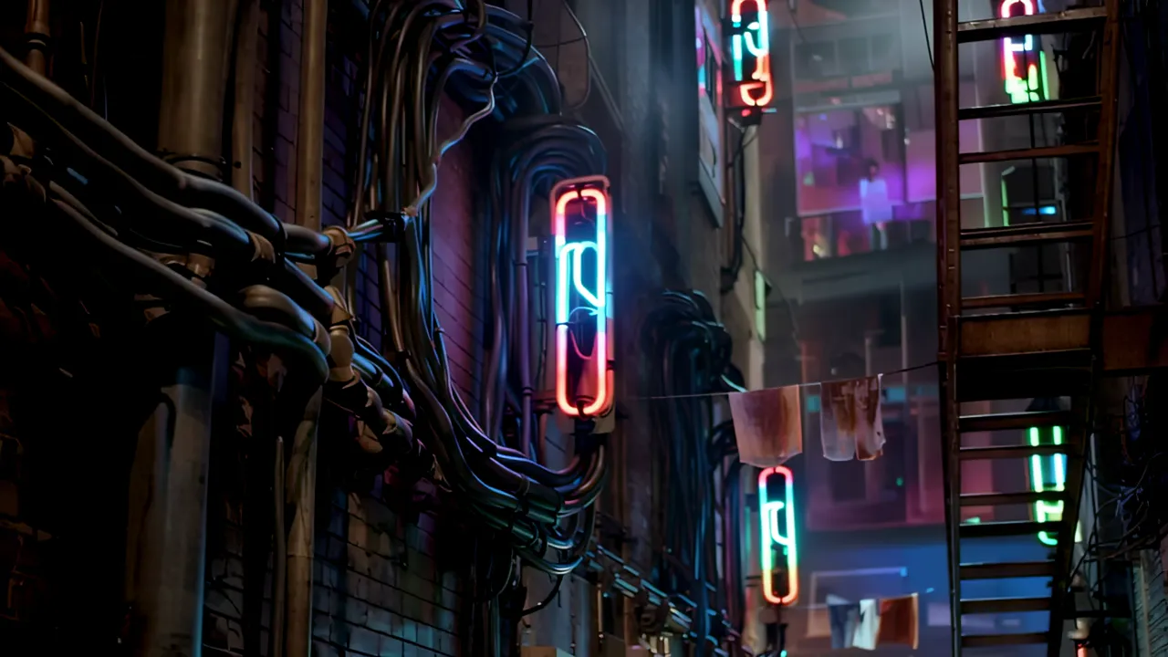 Narrow Canyon of Buildings with Neon Lights and Fire Escapes