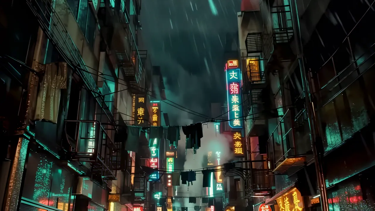 Narrow Canyon of Buildings with Neon Lights and Laundry