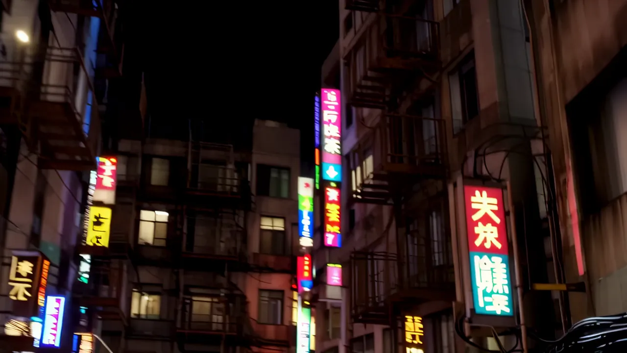 Narrow Canyon of Buildings with Neon Lights at Night
