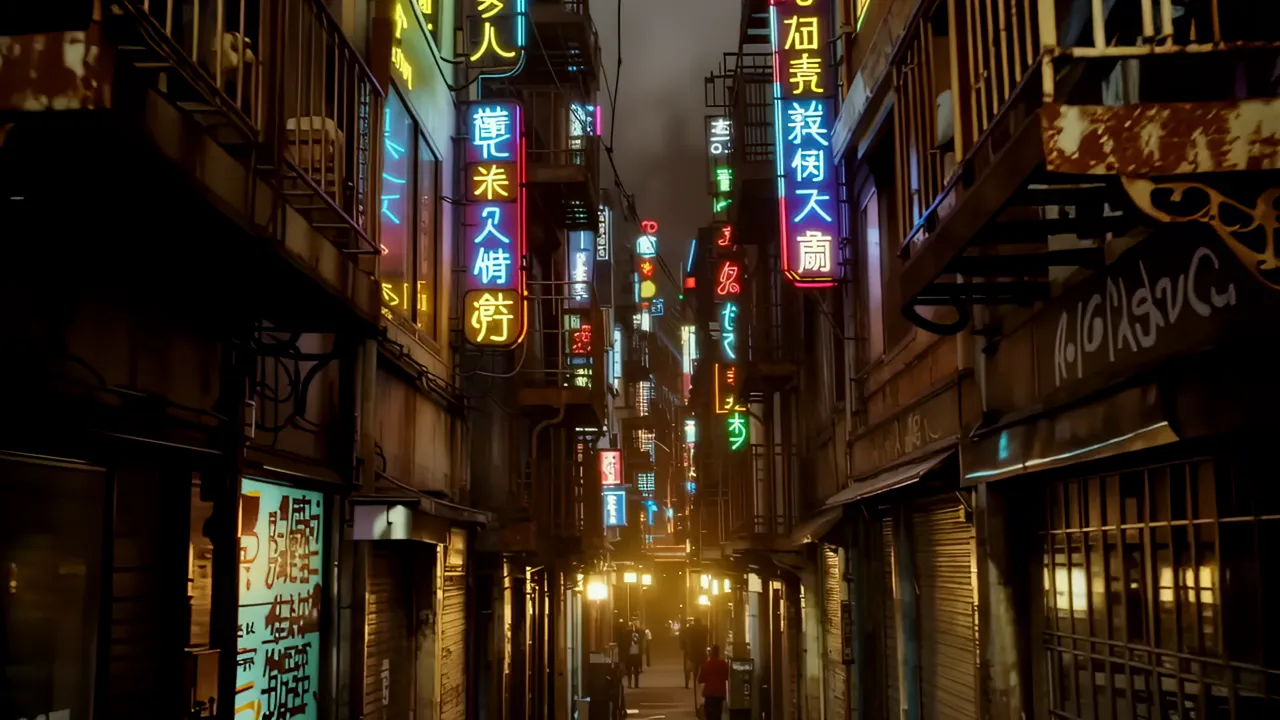 Narrow Canyon with Neon Lights and Fire Escapes