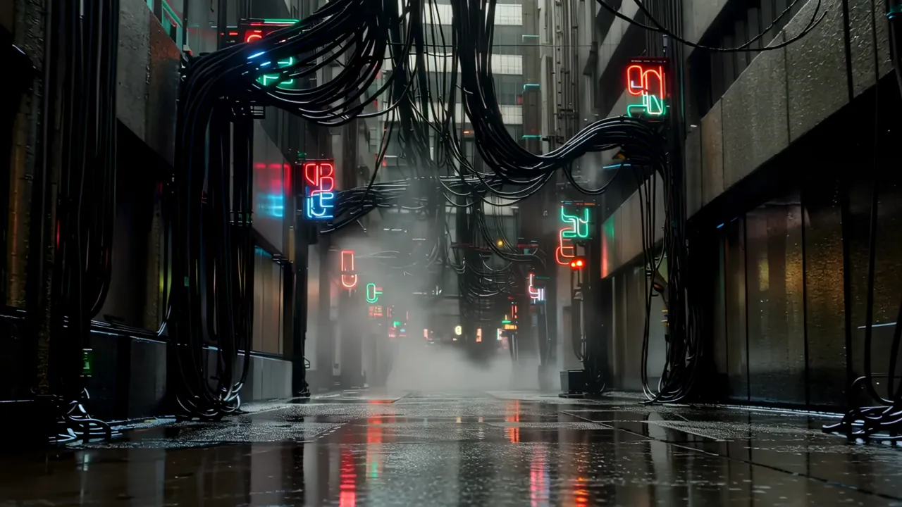 Narrow Rain-Soaked Alley Between Towering Megastructures