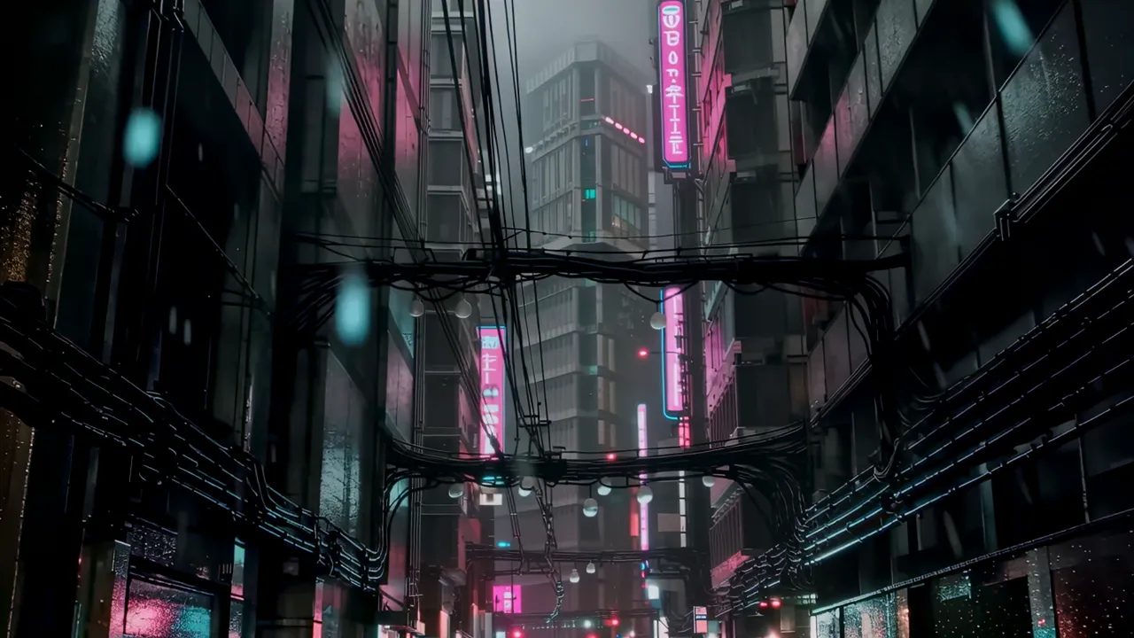 Narrow Rain-Soaked Alley with Neon Signs