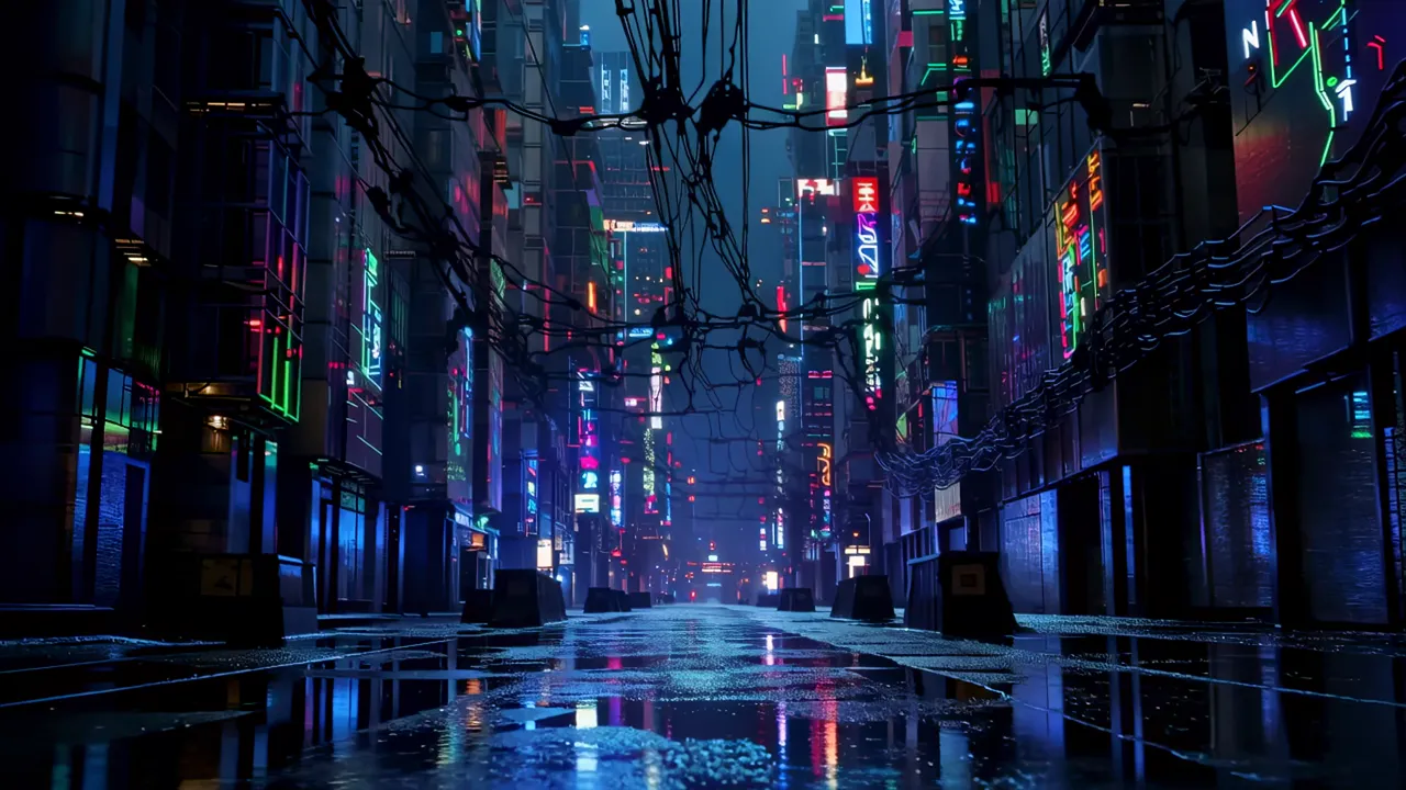 Narrow Rain-Soaked Alley with Neon Signs