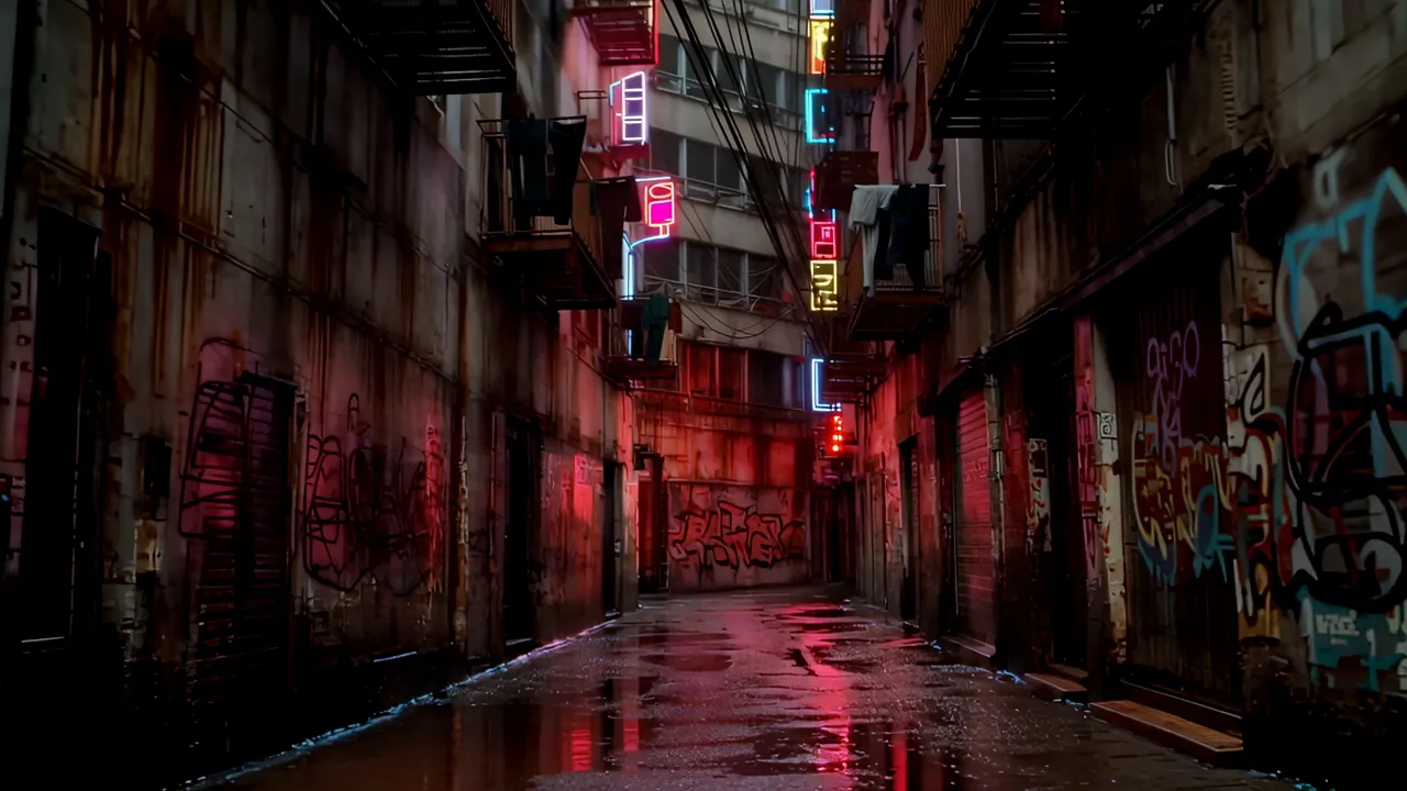 Narrow Urban Canyon with Neon Lights and Fire Escapes