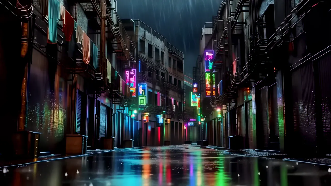 Narrow Urban Canyon with Neon Lights and Rain at Night