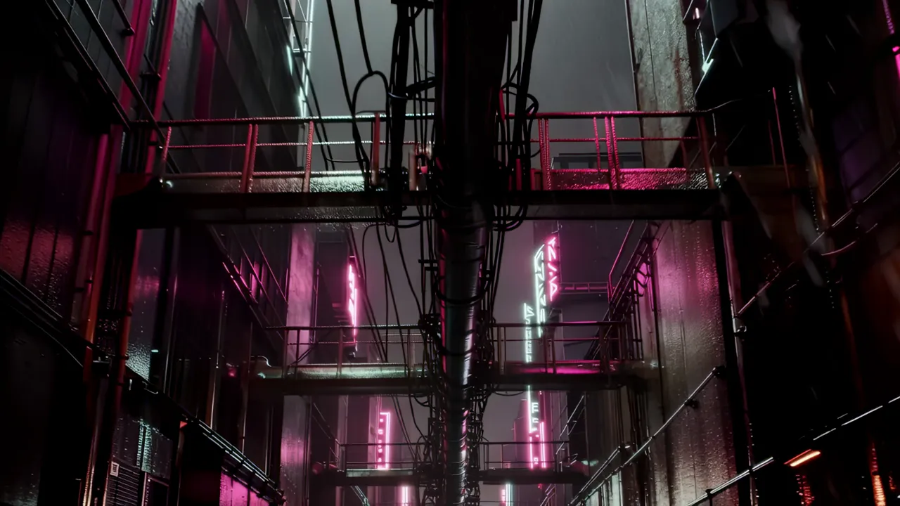 Neon Alley with Rain and Electric Wires at Night