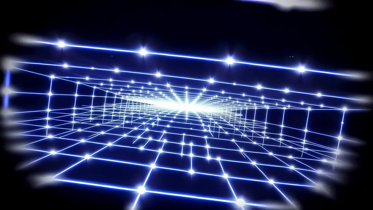 Neon Blue Light Grid Expanding Into Black Void