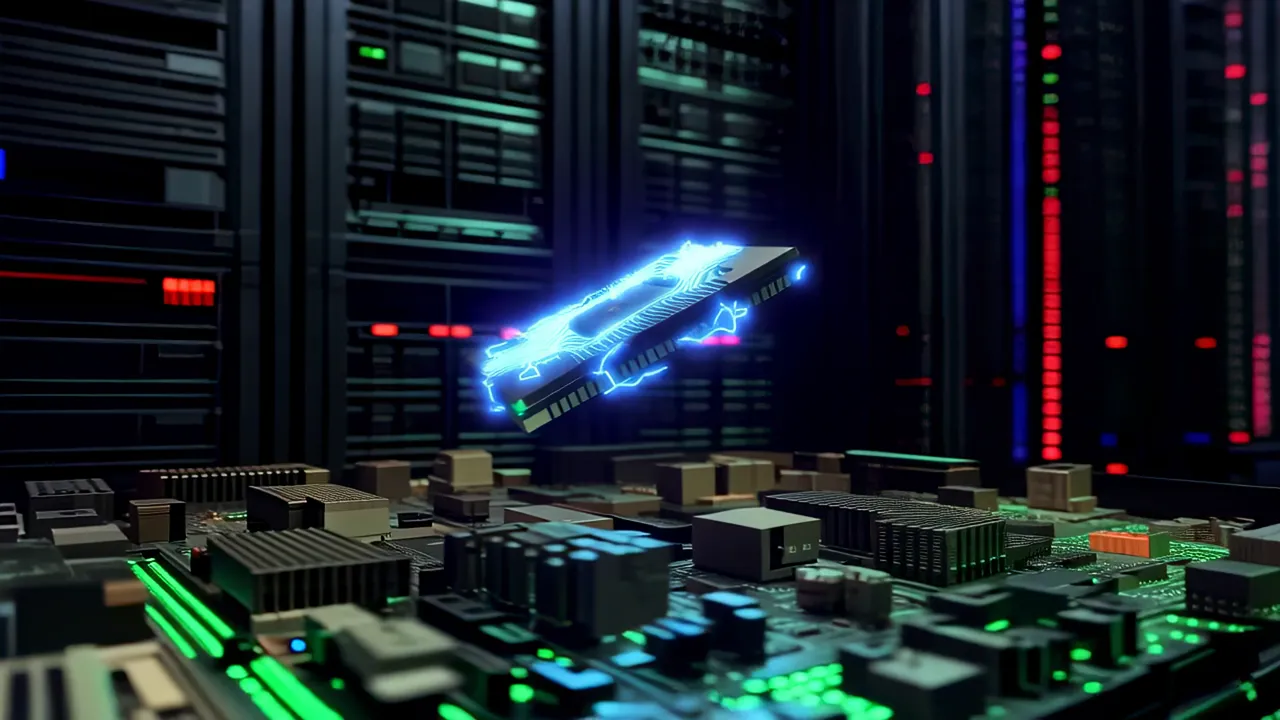 Neon-Lit Processor Die Over Dark Motherboard Landscape