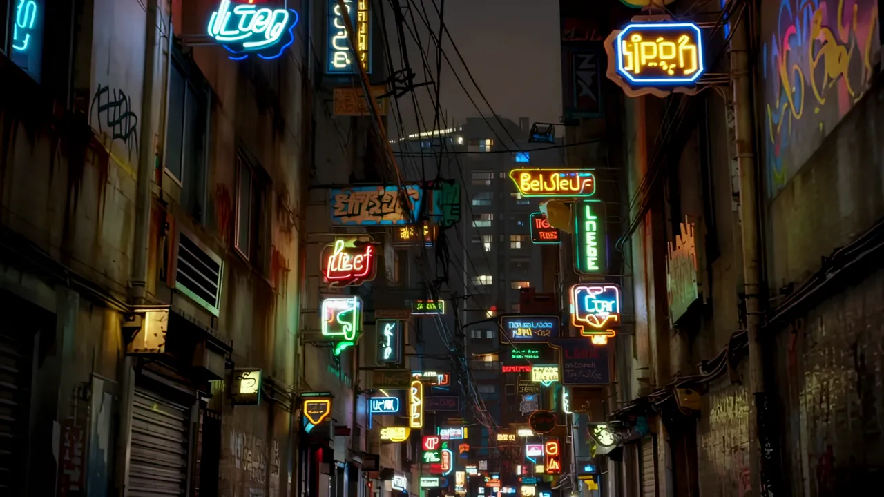 Neon Signs in Dark Alleyway Between High-Rise Buildings