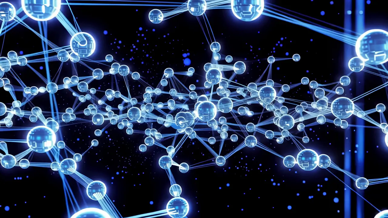Network of Glowing Blue Data Nodes Connected by Fiber Threads