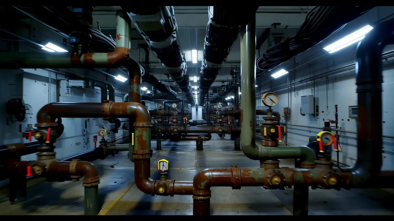 Oil Refinery Interior with Complex Pipe Network and Gauges