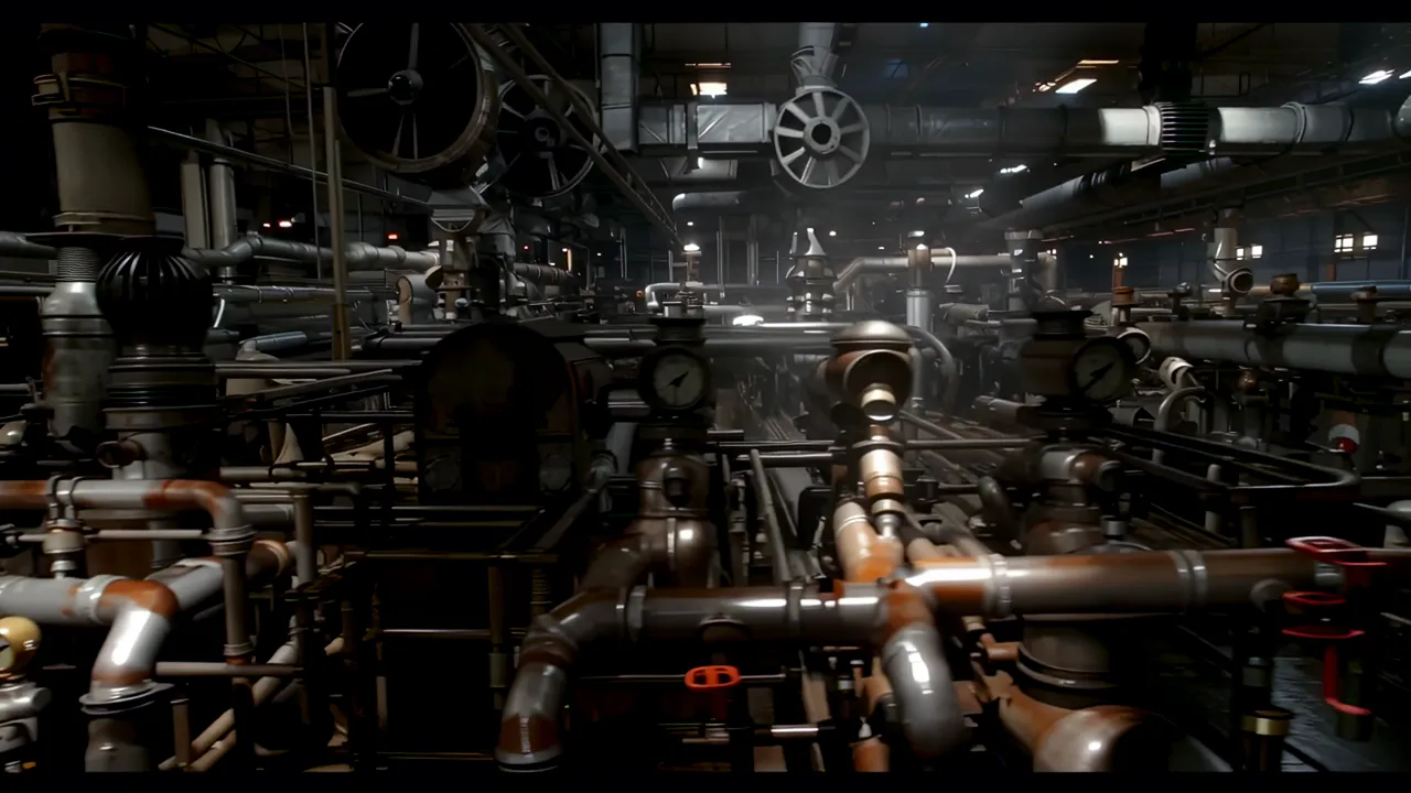 Oil Refinery Interior with Complex Pipe Networks