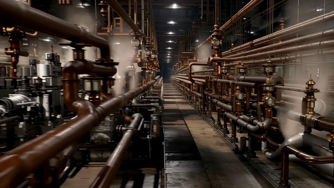 Oil Refinery Interior with Pipes and Valves