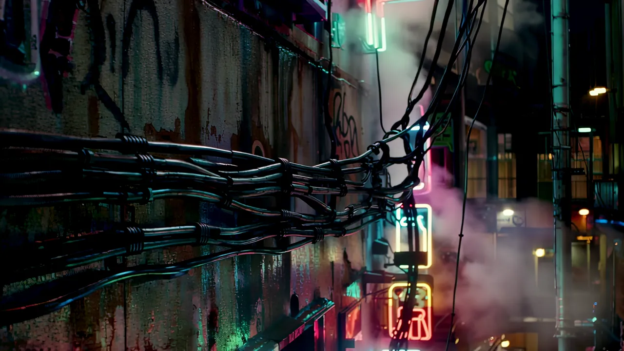 Overhead View of Neon-Lit Street Canyon at Night