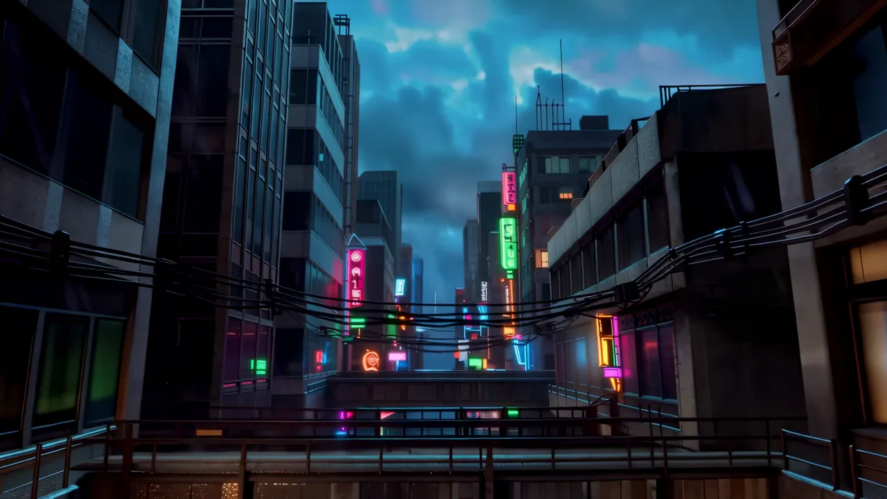 Overhead View of Neon-Lit Street Canyon at Night