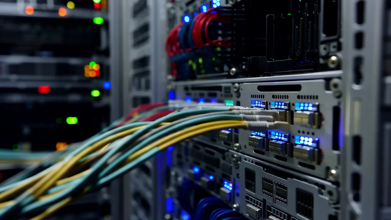Overhead View of Server Racks with LED Lights