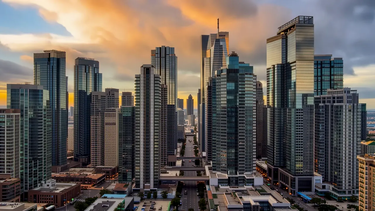 Panoramic View of Downtown City with Tall Buildings