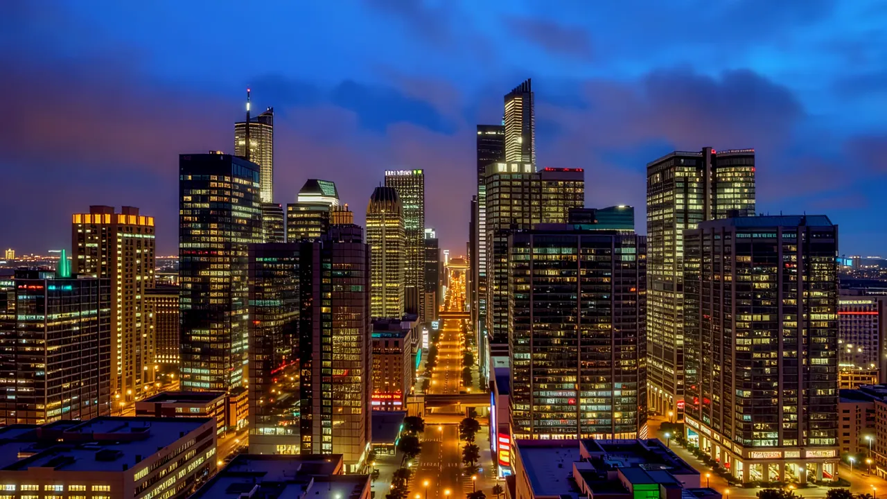Panoramic View of Downtown District with Modern Buildings