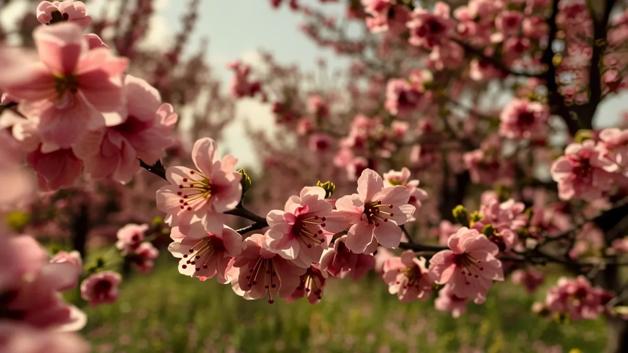 Peach Orchard in Full Blossom with Pink Flowers