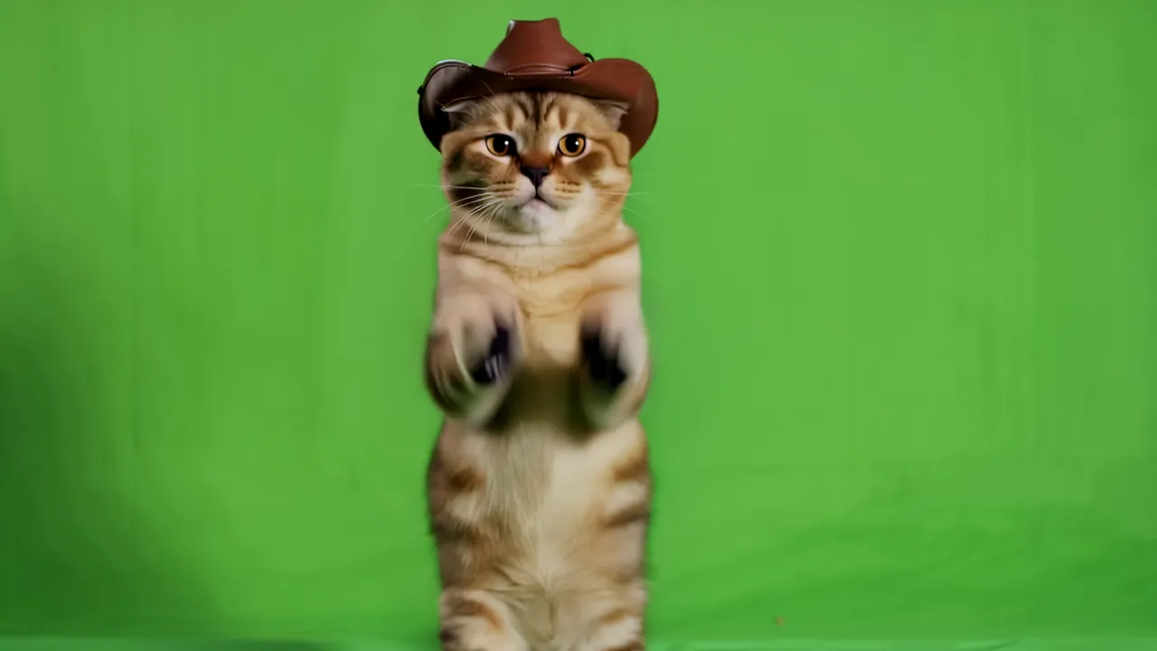 Playful Scottish Fold Cat with Cowboy Hat on Green Background