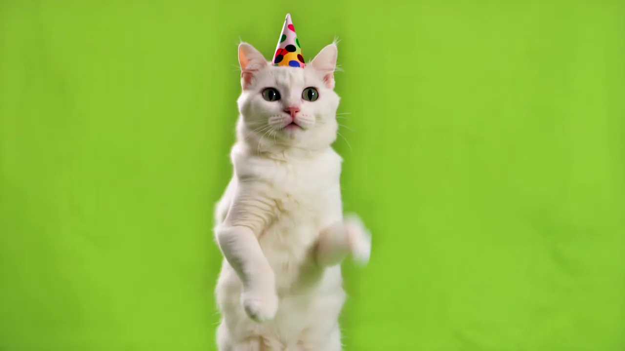 Playful White Cat with Big Eyes on Green Screen