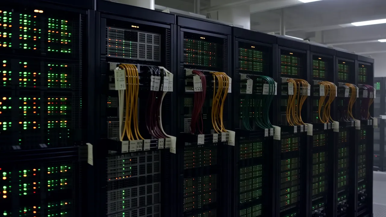 Professional Data Center with Server Racks and Cables
