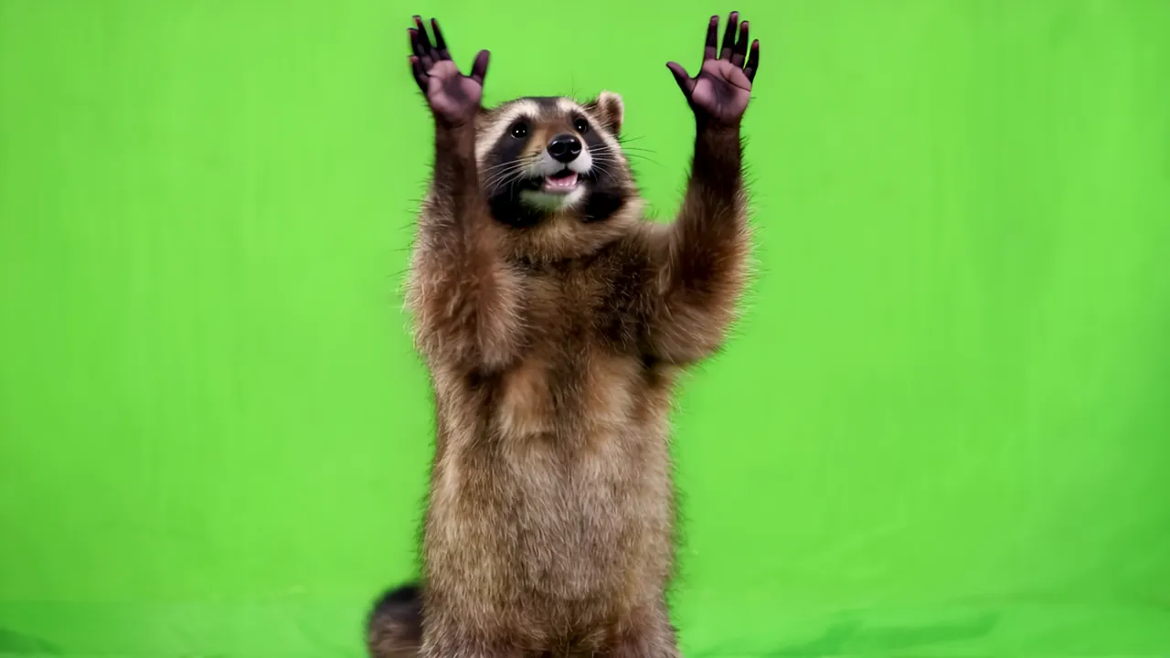 Raccoon Standing Upright on Hind Legs with Green Screen