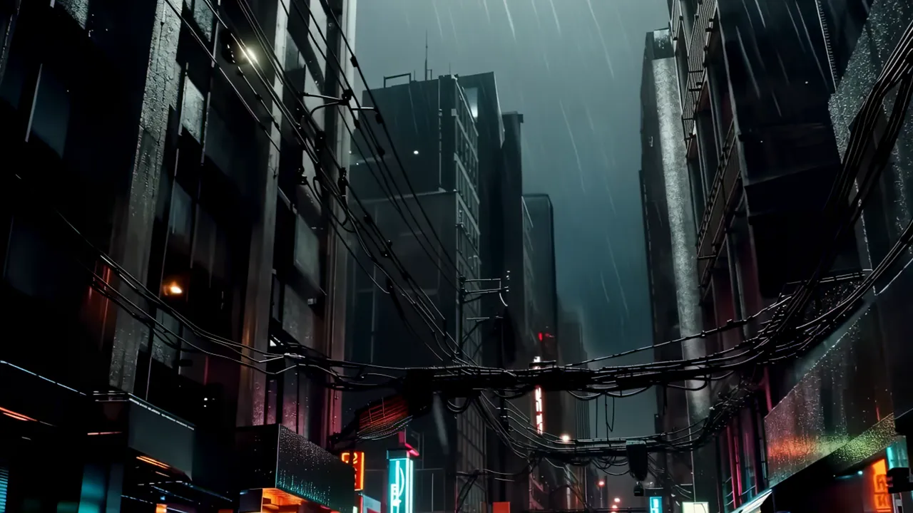Rain-Drenched Cyberpunk Alley with Neon Reflections
