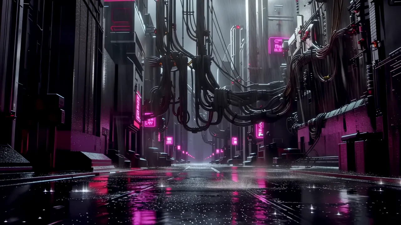 Rain-Drenched Cyberpunk Alley with Neon Reflections