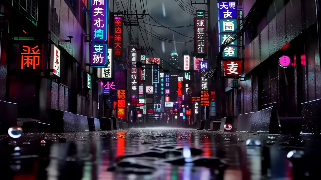 Rain-Drenched Cyberpunk Alley with Neon Reflections