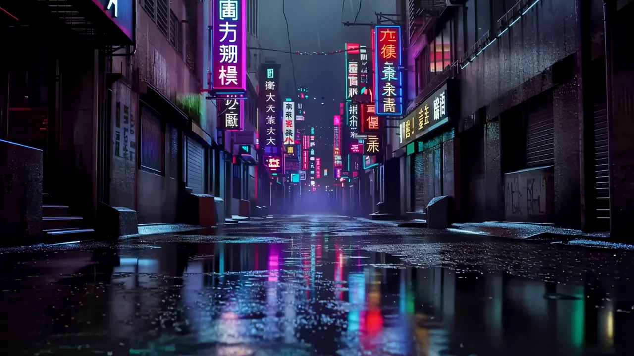 Rain-Drenched Cyberpunk Alley with Neon Reflections