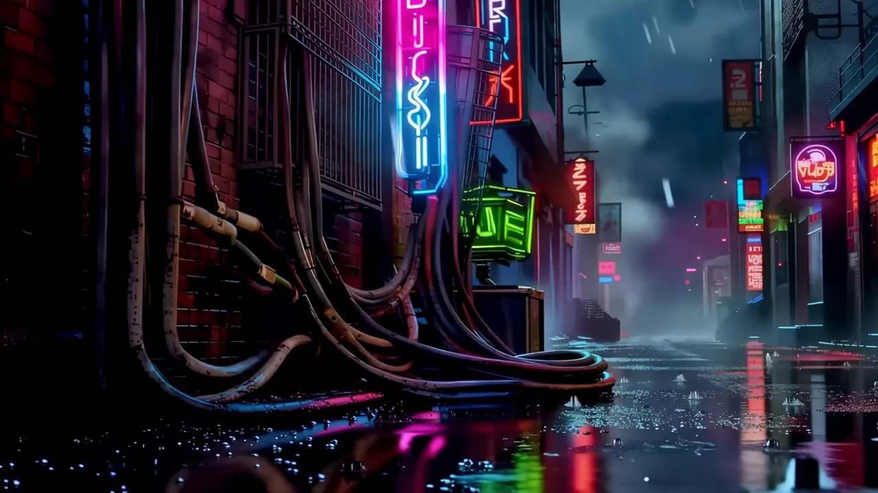 Rain-Drenched Cyberpunk Alley with Neon Reflections