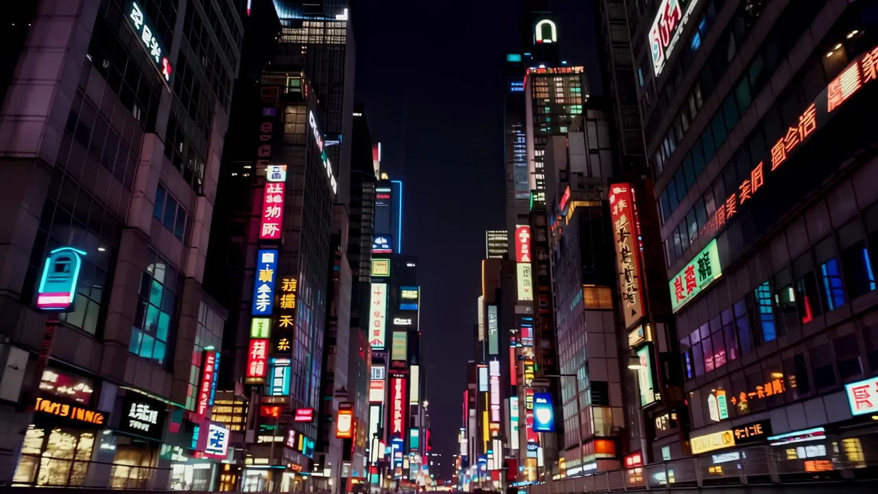 Rain-Slicked Corridor Between Mega-Buildings at Night