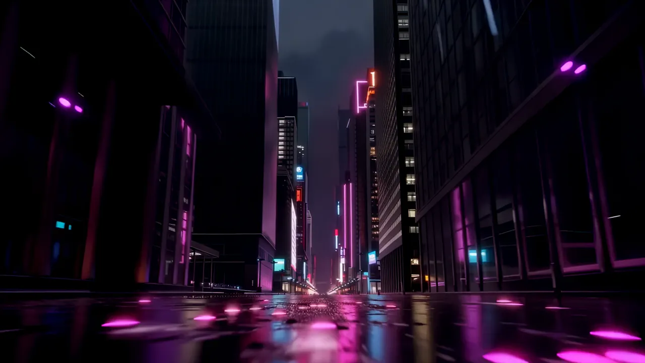 Rain-Slicked Corridor Between Neon Mega-Buildings