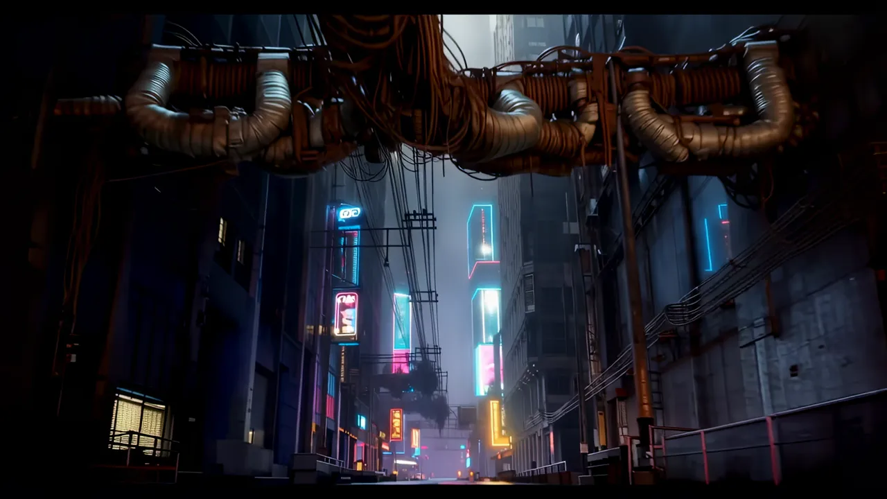 Rain-Slicked Corridor with Neon Lights in a Cityscape
