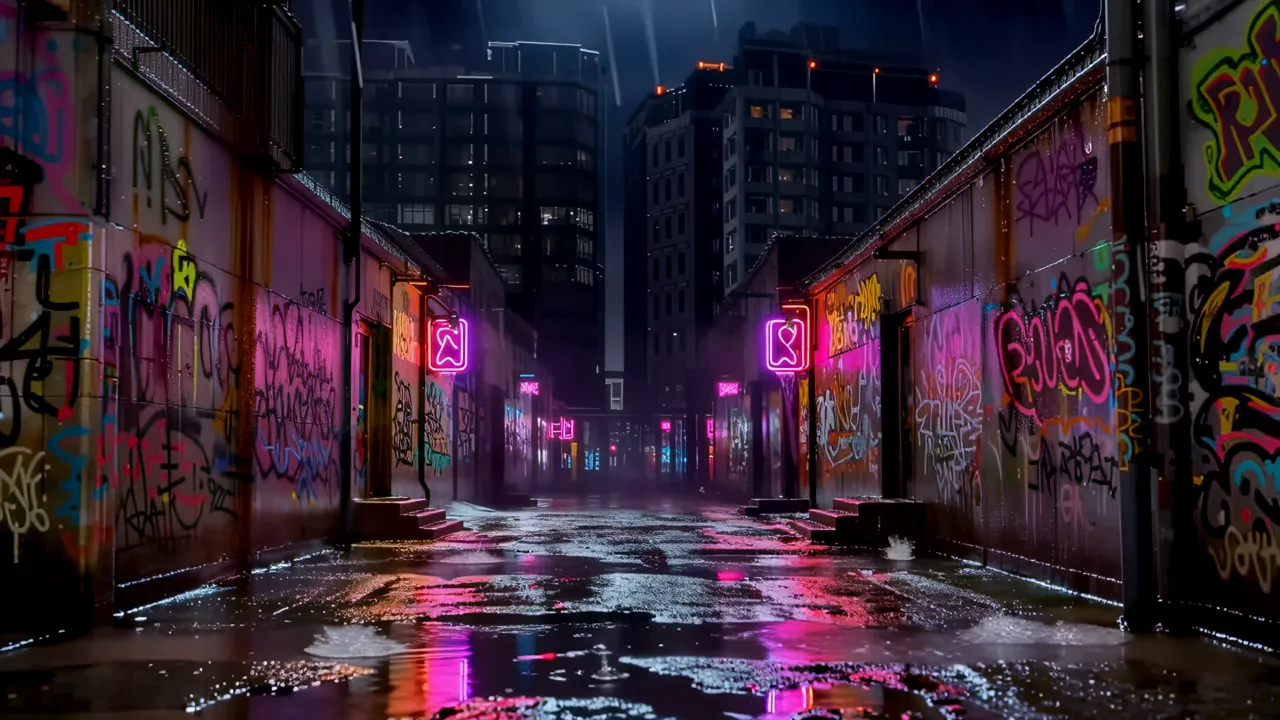 Rain-Slicked Corridor with Neon Reflections