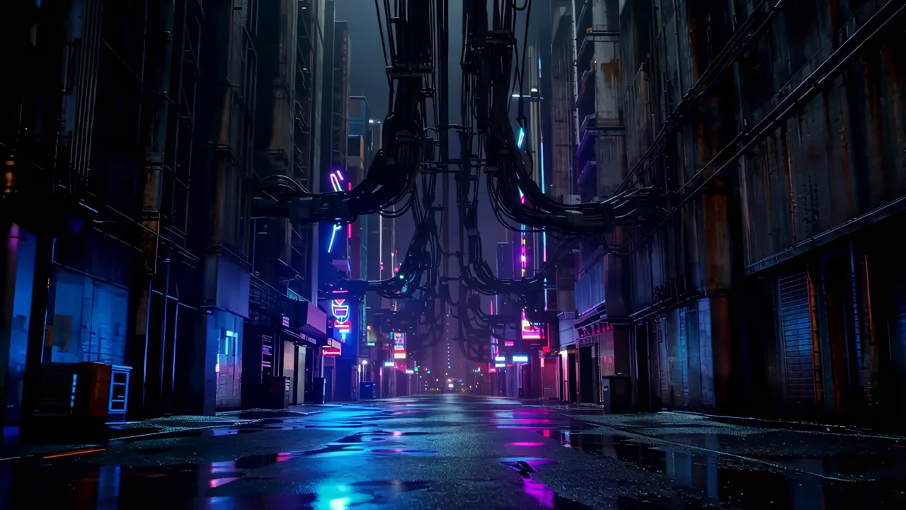 Rain-Slicked Corridor with Neon Reflections