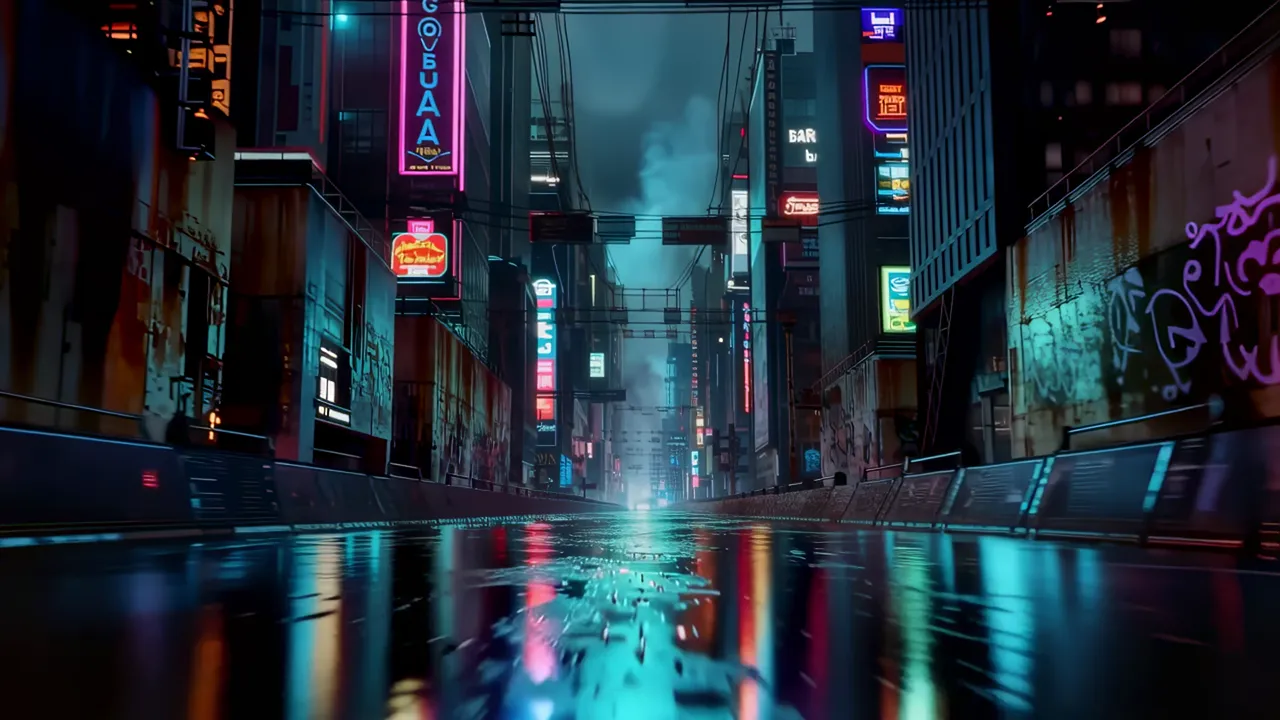Rain-Slicked Corridor with Neon Reflections