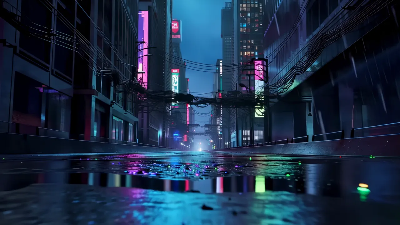 Rain-Slicked Corridor with Neon Reflections