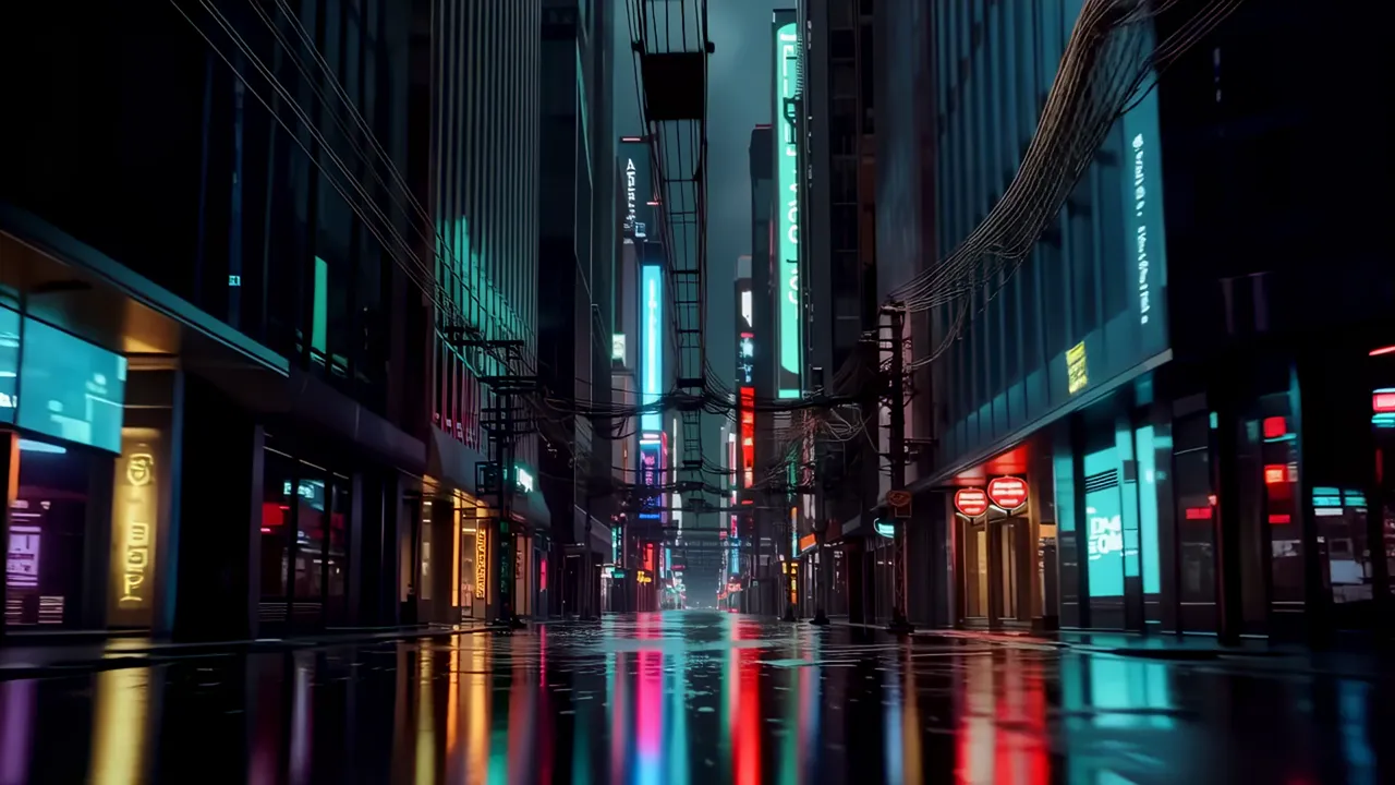 Rain-Slicked Narrow Corridor with Neon Reflections