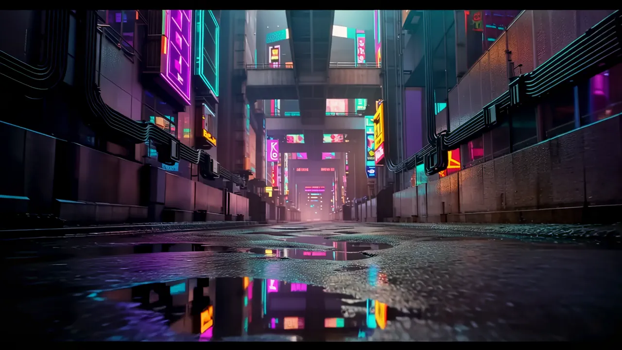 Rain-soaked Alley Between Towering Brutalist Structures