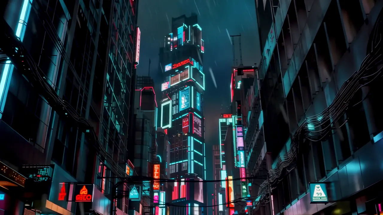 Rain-soaked Alley Between Towering Neon Megastructures
